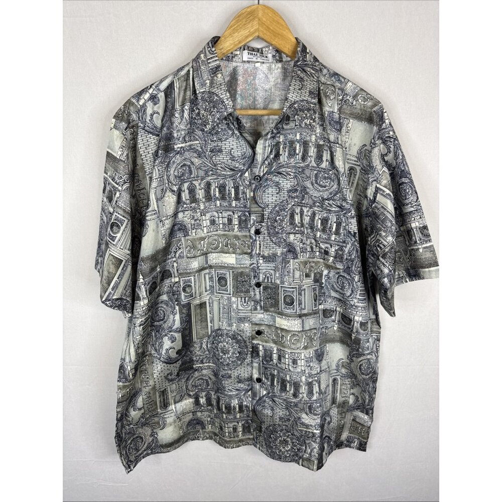 Thai Silk by Apple Shirt XL Gray Architectural Print Made in Thailand